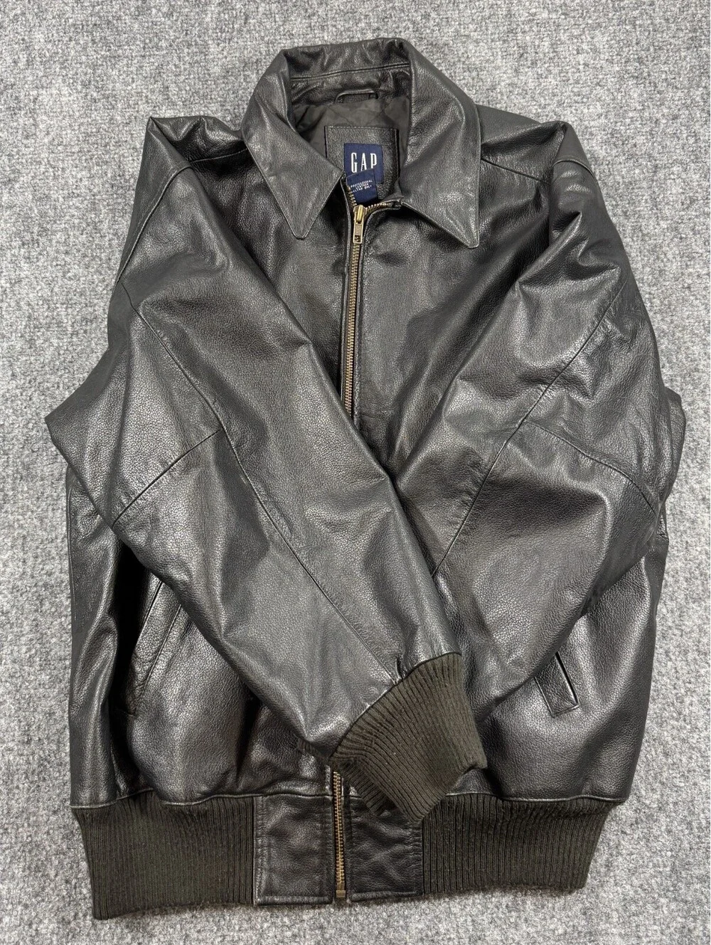 Gap Boys Bomber Jacket Size Xlarge Black  Leather Zip Up Ribbed Trim